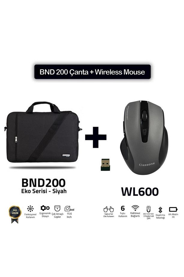 BND200 Eko Serisi 15.6 inç. Notebook Çantası-Siyah + WL600 Wireless Mouse - 1