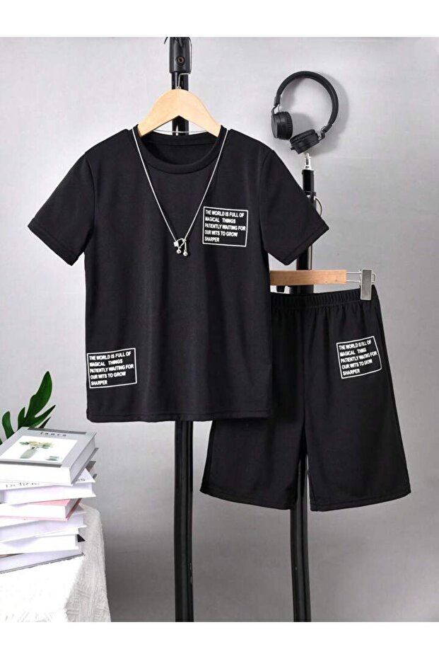 Children's Text Design Printed Bottom-Top Set Cotton Shorts T-Shirt Set