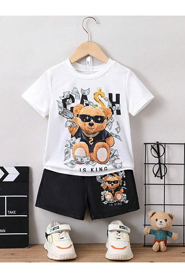 Children's Teddy Bear Design Printed Top and Bottom Set Cotton Shorts T-Shirt Set