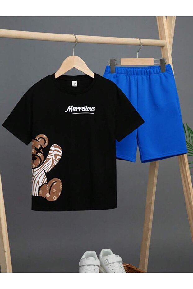Children's Side Teddy Bear Printed Top and Bottom Set Cotton Shorts T-Shirt Set