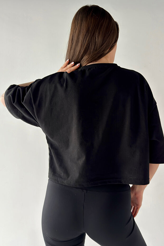 Kadın Oversize Siyah Crop Tshirt - 4
