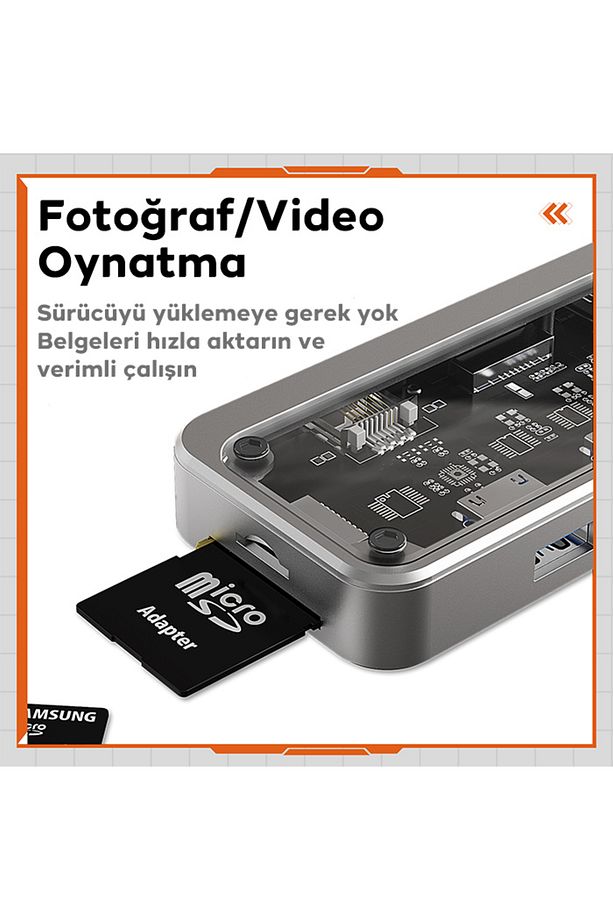 10in1 Type-c To USB3.0/2.0* +PD+3.5mm+HDMI+VGA+SD+TF+ Ethernet Çoğalt Transparan Hub - 6