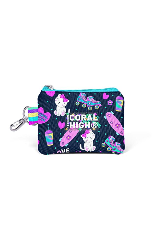 Kids Navy Blue Pink Cat Skate Patterned Coin Purse 21917