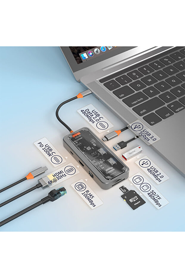 8in1 Type-c To USB3.0 + USB2.0 + Type-c + PD + HDMI + SD + TF + Ethernet Çoğaltıcı Tra - 3