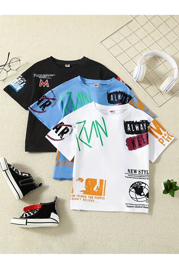 Children's Printed Set of 3 Cotton Oversize T-shirt
