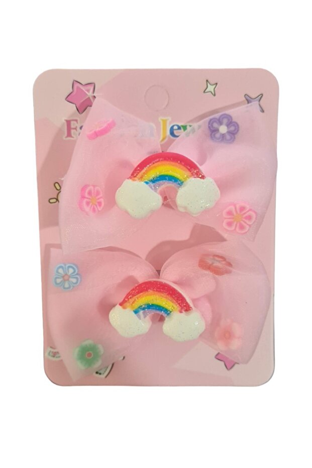 New Season High Quality Rainbow Themed Floral Bow Pattern 2Pcs Tulle Rubber Buckle Set