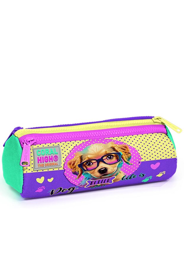 Yellow Pink Cute Dog Pattern - Three Compartment Pencil Bag