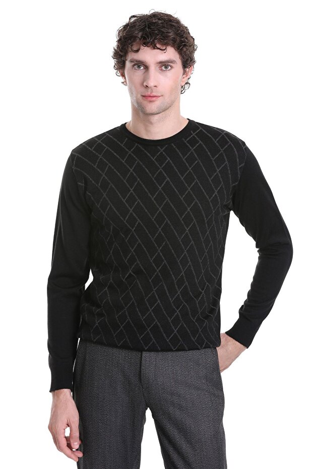 Black Regular Fit Jacquard Crew Neck Wool Knitwear Sweater