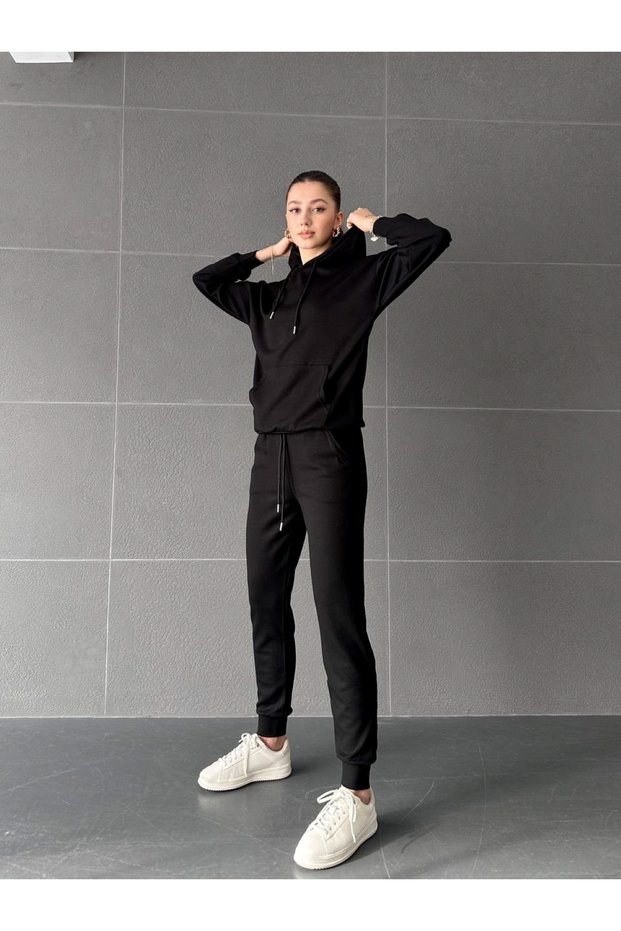 Women's Modal Fabric Black Hooded Kangaroo Pocket Cuffed Leg Tracksuit Set