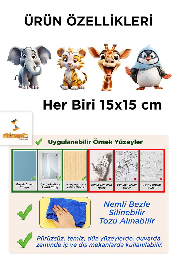 Sevimli Fil, Sevimli Penguen, Sevimli Kaplan, Sevimli Zürafa 3D Priz Duvar Çocuk Odası Sticker Seti - 2