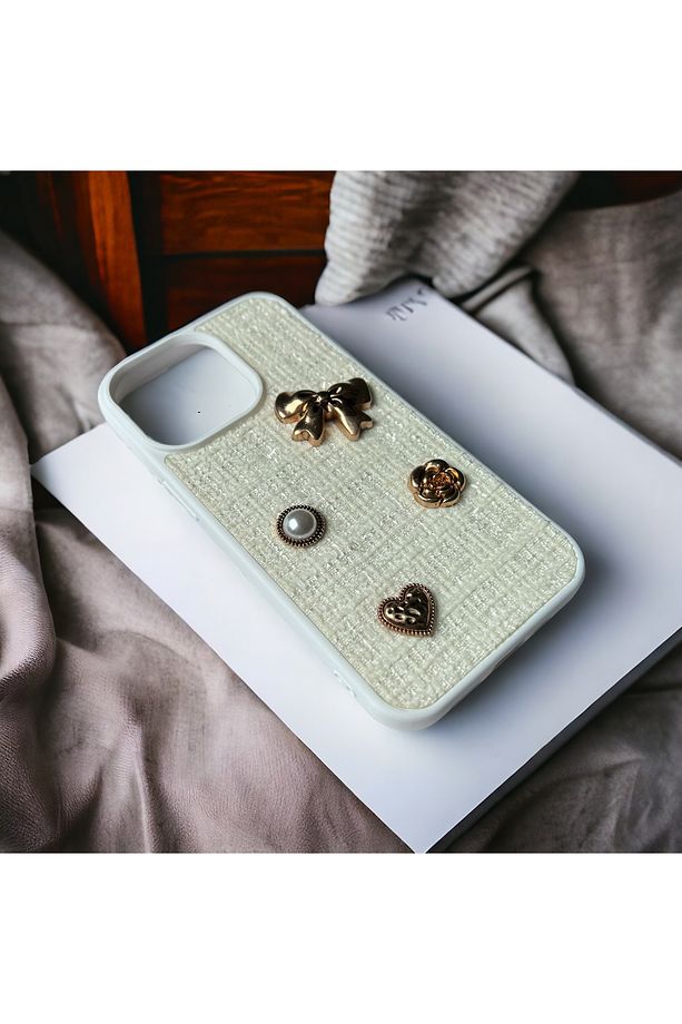 iPhone 13 Pro Max Uyumlu Taşlı Figürlü Kumaş Doku Kılıf - 1