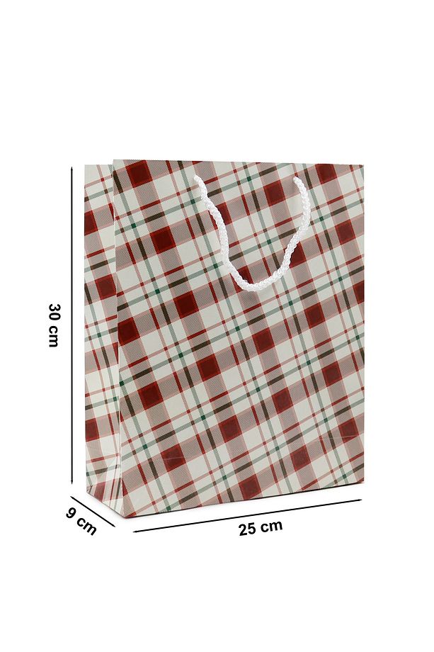 Ekose Desenli Krem Renk Karton Çanta 25 X 30 X 9 cm Karton Poşet 2 Adet, Hediye Poşeti - 3