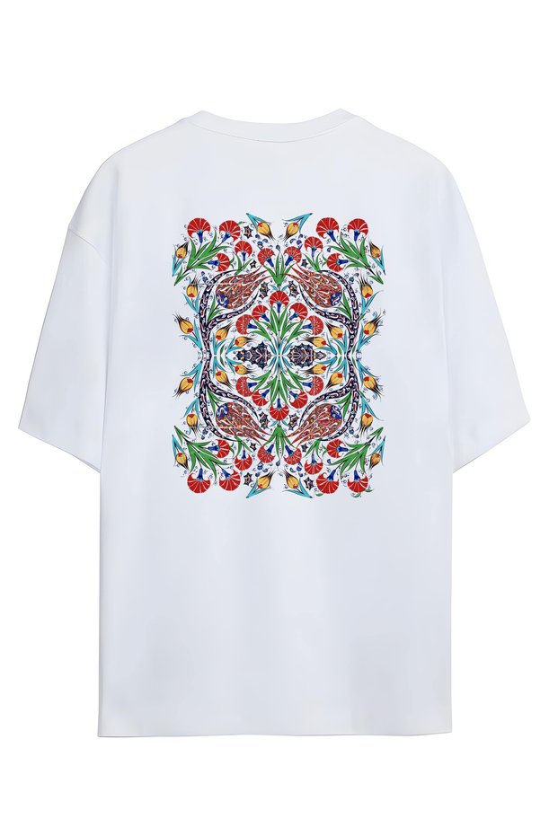 Tile Printed White Oversize T-Shirt Unisex 100% Cotton Crew Neck T-Shirt