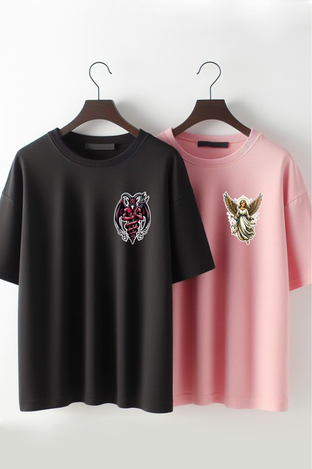Angel and Devil Printed Pink Black Oversize Lover Combination T-shirt
