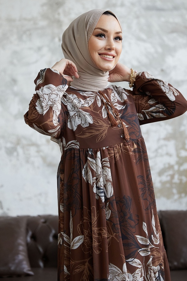 Šaty Jalya Buttoned Collar Stringed Šifon - hnědé - 3