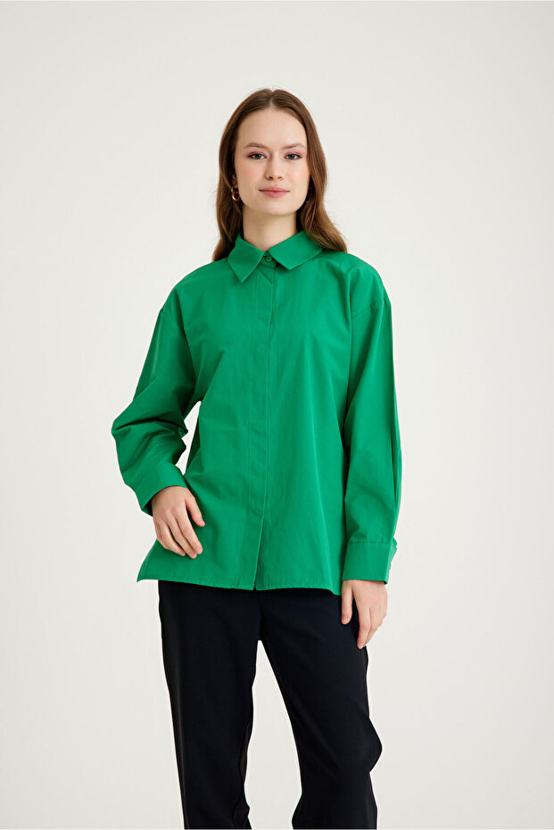 Basic Poplin Yeşil Gömlek - 6