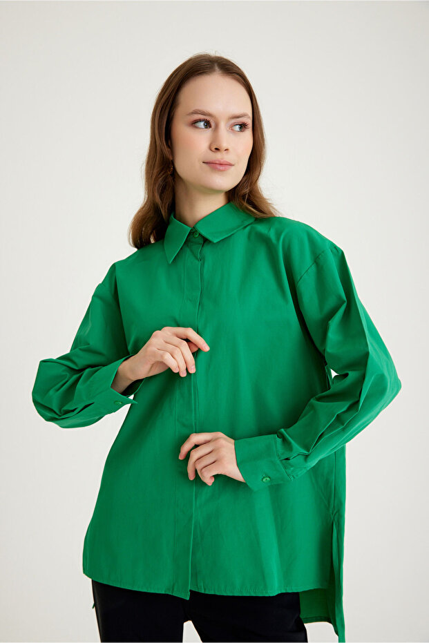 Basic Poplin Yeşil Gömlek - 2