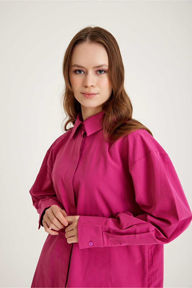 Basic Poplin Fuşya Gömlek - 3