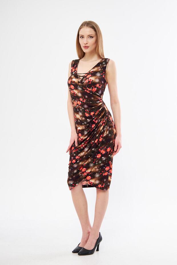 Women's Cross Collar Bird's Eye Lace Detailed Midi Dress
