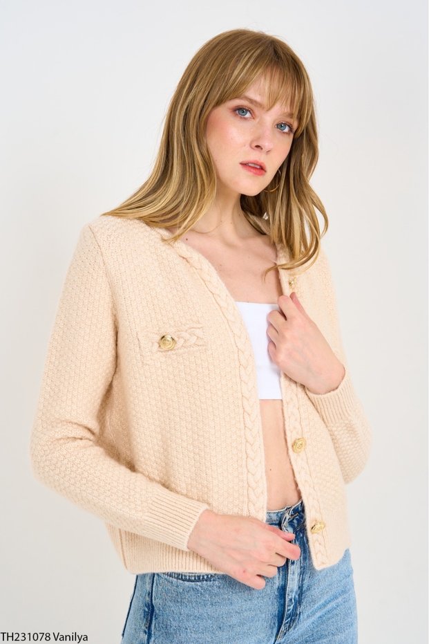 Women's Cream Crew Neck Hair Braid Detailed Gold Buttoned Knitwear Cardigan
