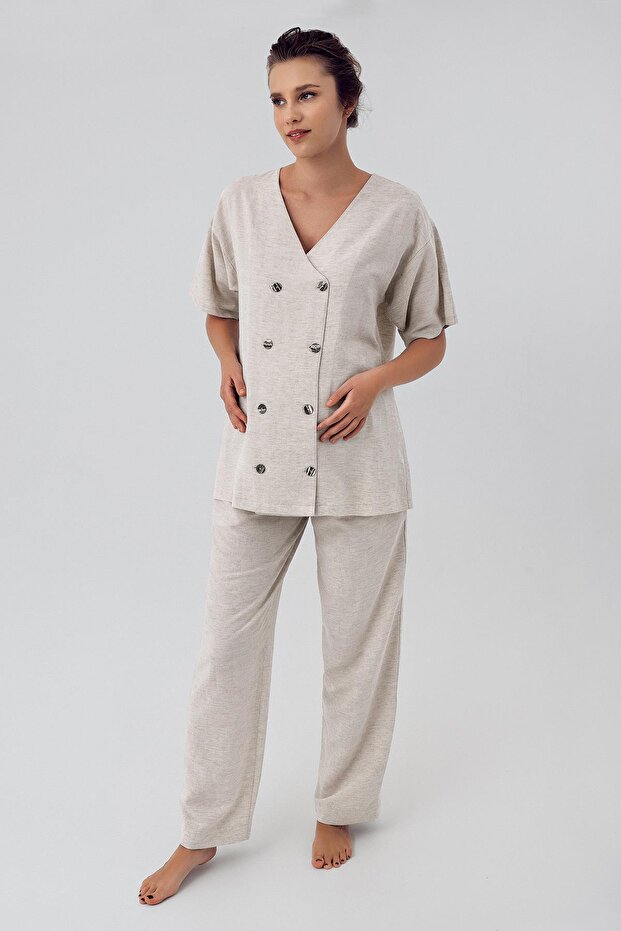 Linen Short Sleeve Oversize Maternity Shirt Adjustable High Waist Pants Set
