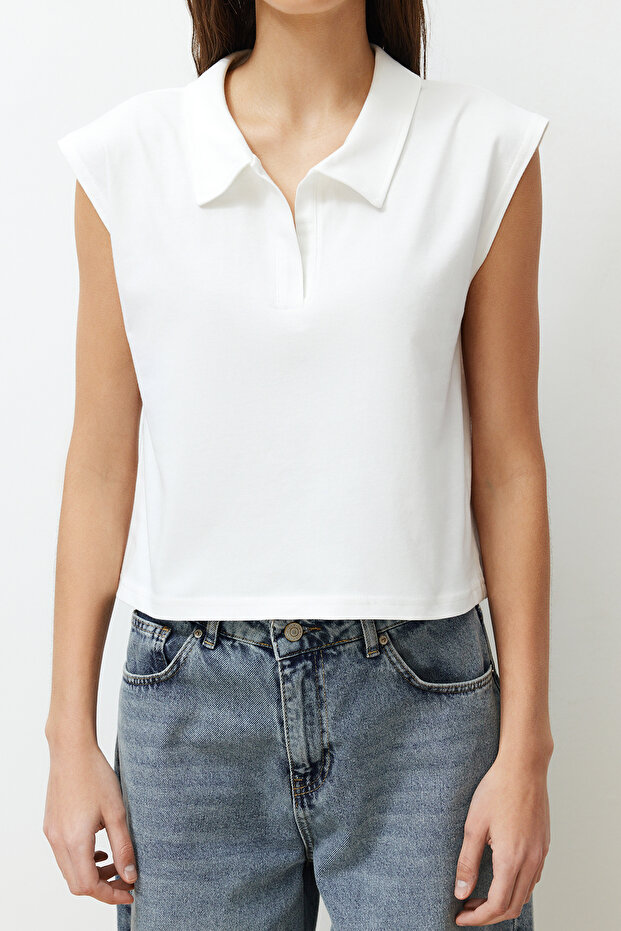Ekru %100 Kalın Pamuklu Polo Yaka Regular/Normal Kalıp Örme T-Shirt TWOSS24TS00075 - 5