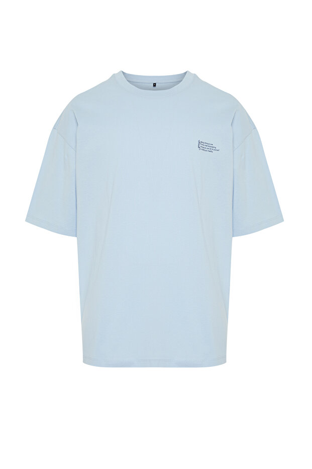 Açık Mavi Oversize %100 Pamuklu Bisiklet Yaka Minimal Yazı Baskılı T-Shirt TMNSS23TS00084 - 7
