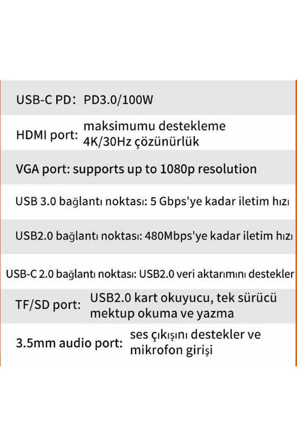 100w Pd 10in1 Type-C Hub Type-C to RJ45 4K HDMI SD Kart USB VGA Ethernet 3.5mm Dönüştürücü - 5