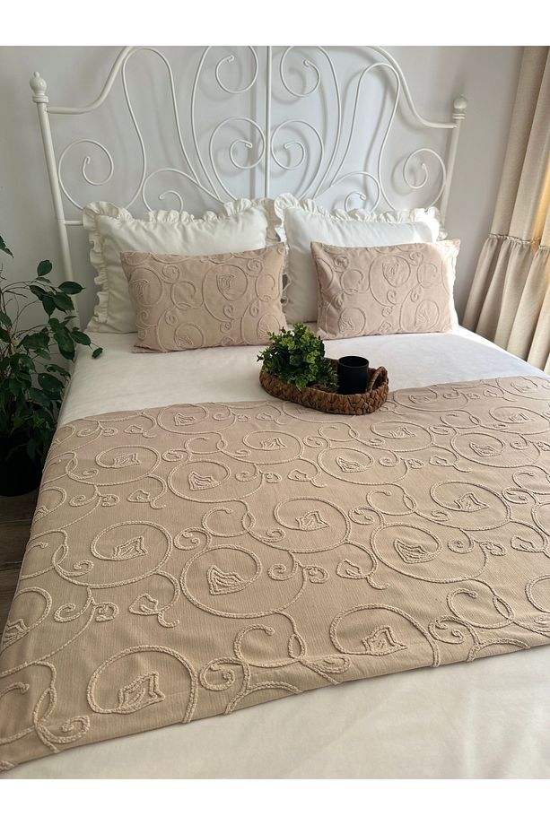 Bej Nakış İşlemeli Yatak Runner Set Çift Kişilik Bohem Yatak Örtüsü - 6