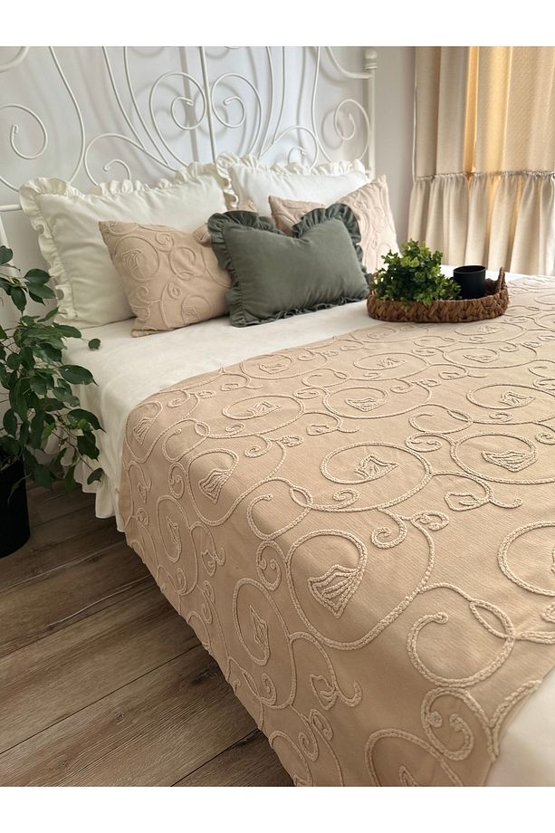Bej Nakış İşlemeli Yatak Runner Set Çift Kişilik Bohem Yatak Örtüsü - 1