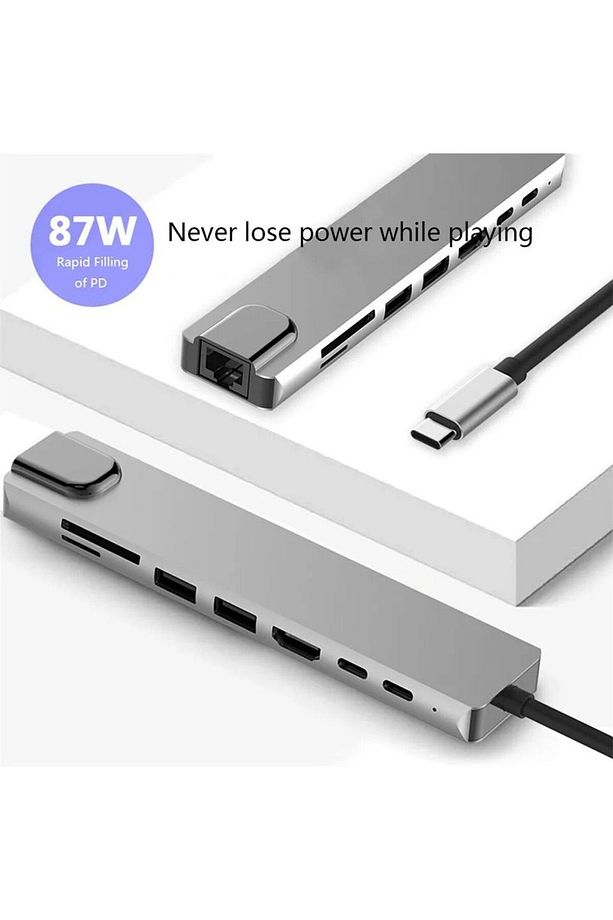 8’i 1 Arada Type-C to USB 4K HDMI RJ45 Ethernet 87W PD Şarj SD/TF Kart Okuyucu HUB Dönüştürücü - 2