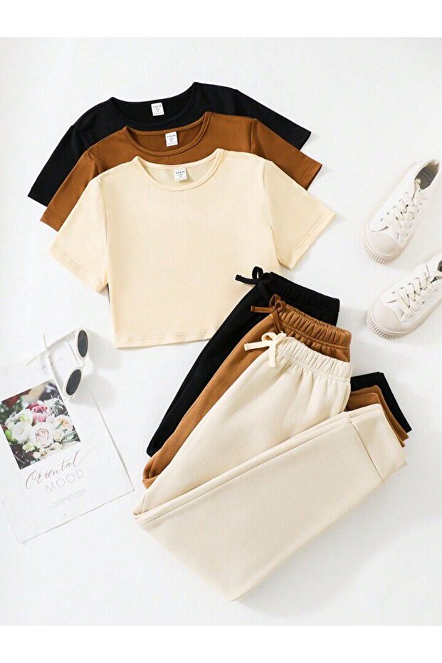 Children's Solid Color Top and Bottom Set Cotton T-Shirt Tracksuit Set