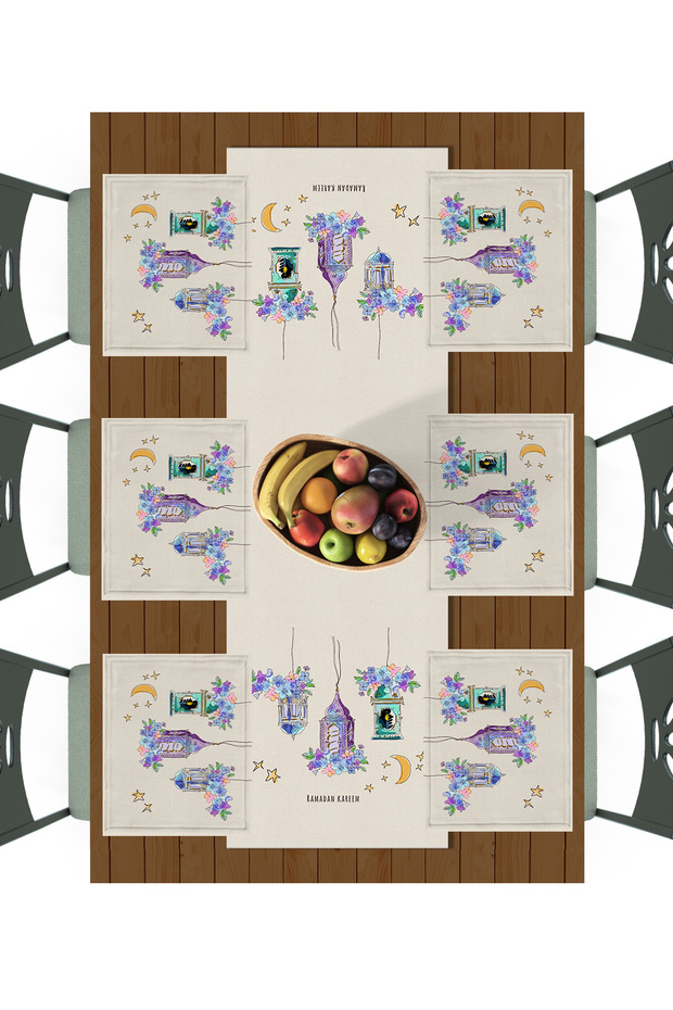 مفرش طاولة رمضاني + 6 قطع من مفارش التقديم / طقم طاولة، مصنوع من قماش خلية العسل الدقيقة، مقاوم للبقع وقابل للغسل