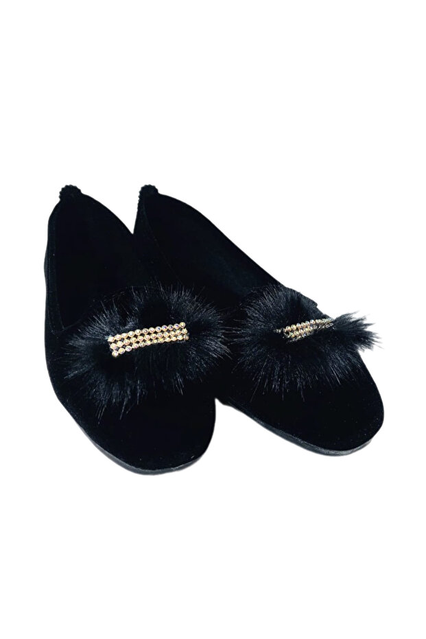 BLACK TEXTILE STONE NEW MODEL WOMEN'S DAILY HOME FLAT SHOES