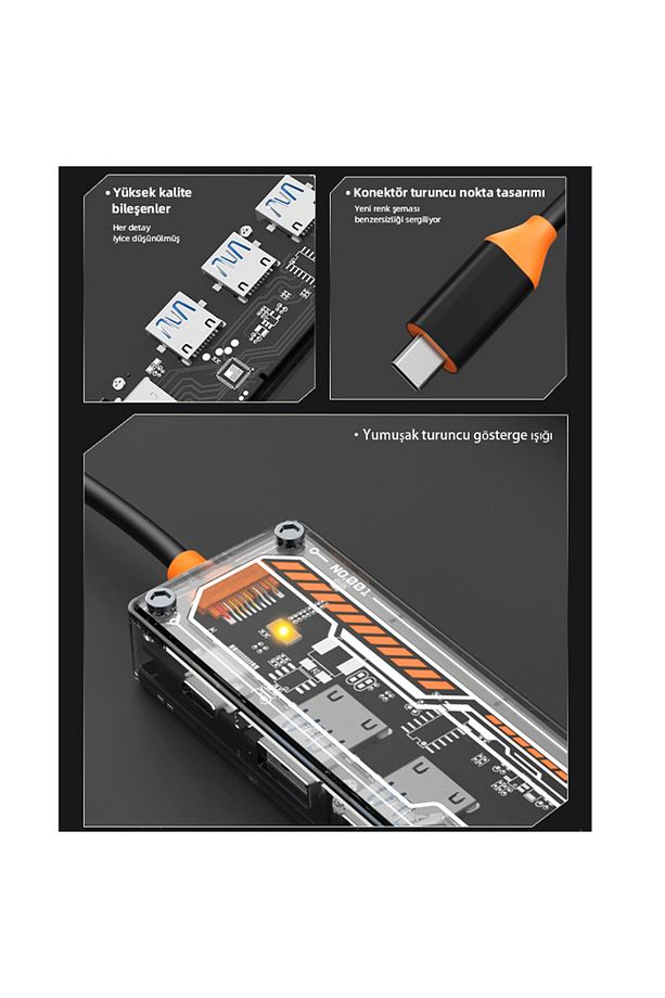 5in1 Type-c To USB3.0 + USB2.0 + Type-c PD 100W + HDMI + Ethernet Çoğaltıcı Transparan Hub - 5