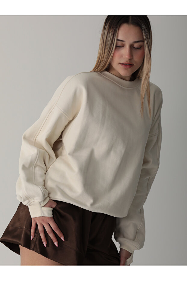 Ekru Basic Parmak Geçirmeli Sweatshirt - 1
