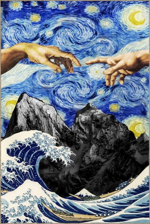 Blue Themed Surrealist Design Modern Decorative Carpet with Hand and Mountain Pattern 3503