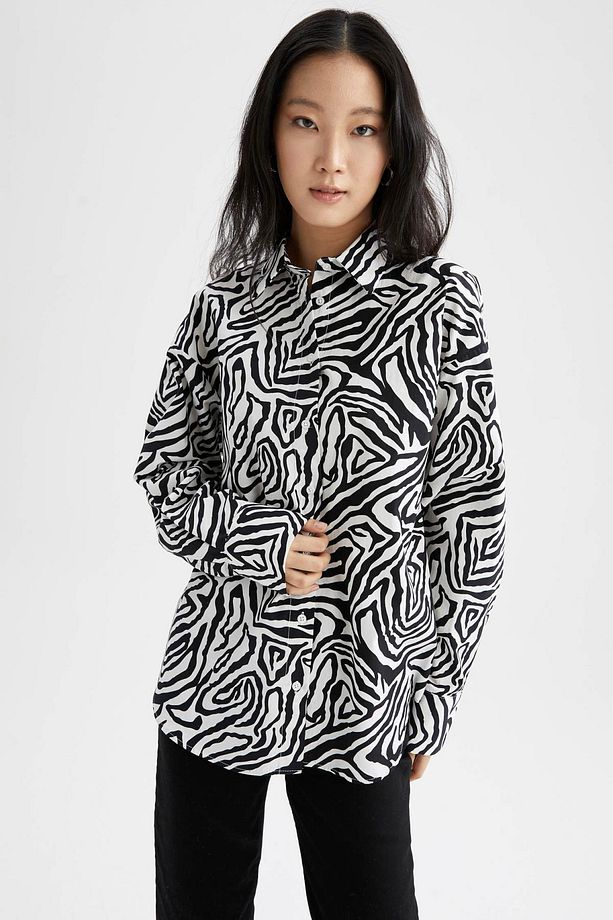 Oversize Fit Zebra Desenli Uzun Kollu Poplin %100 Pamuk Gömlek W7702az22sm - 4