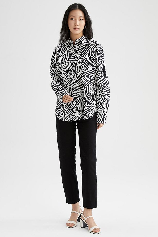 Oversize Fit Zebra Desenli Uzun Kollu Poplin %100 Pamuk Gömlek W7702az22sm - 2