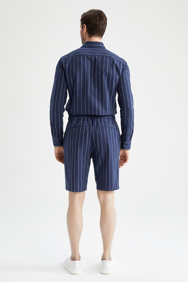Regular Fit Keten Karışımlı Çizgili Bermuda Şort - 8
