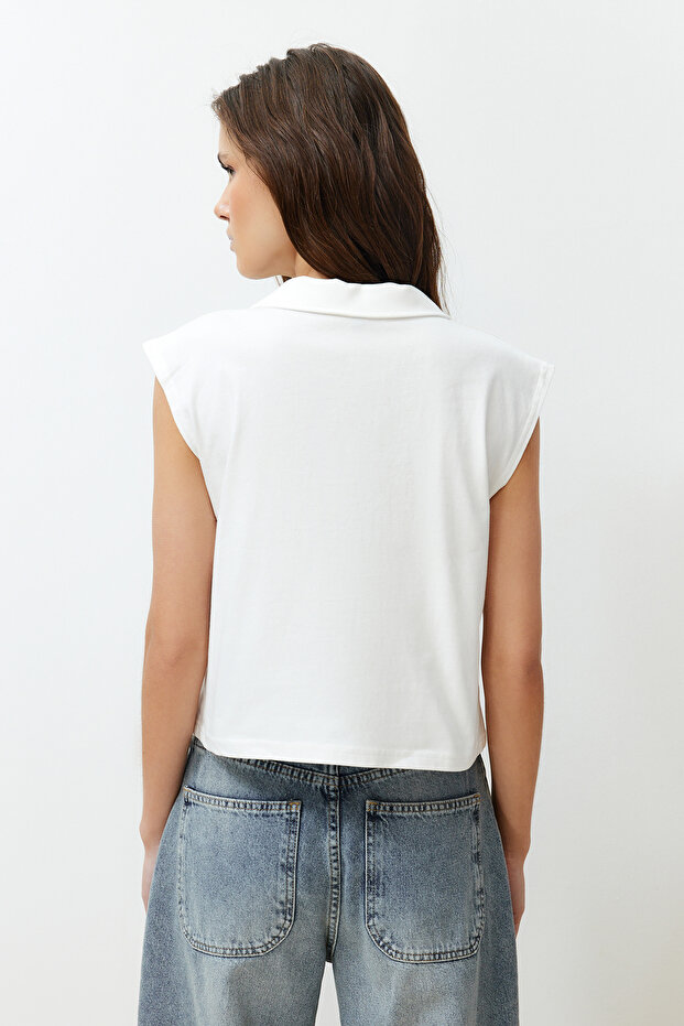Ekru %100 Kalın Pamuklu Polo Yaka Regular/Normal Kalıp Örme T-Shirt TWOSS24TS00075 - 6