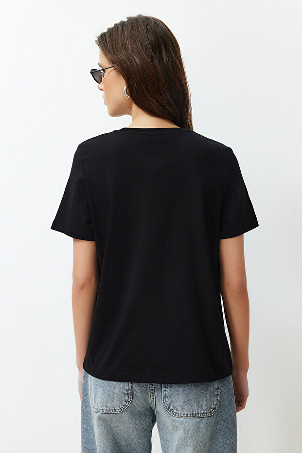 Siyah %100 Pamuk Yıldız Baskılı Regular/Normal Kalıp Bisiklet Yaka Örme T-Shirt TWOSS24TS00095 - 6
