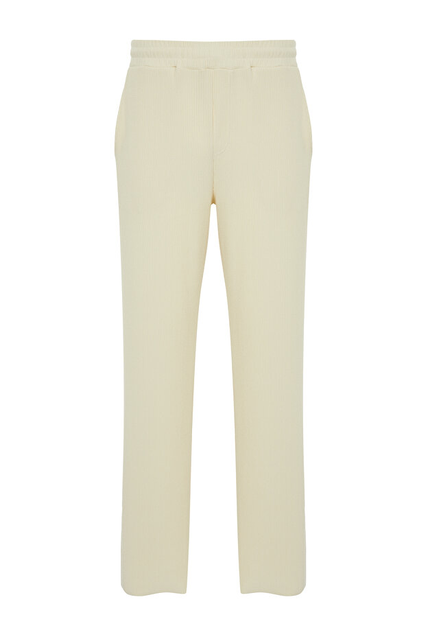 Ekru /Wide Leg Dokulu Kırışmaz Gizli Kordonlu Tek Parça Eşofman Altı TMNSS23EA00013 - 7