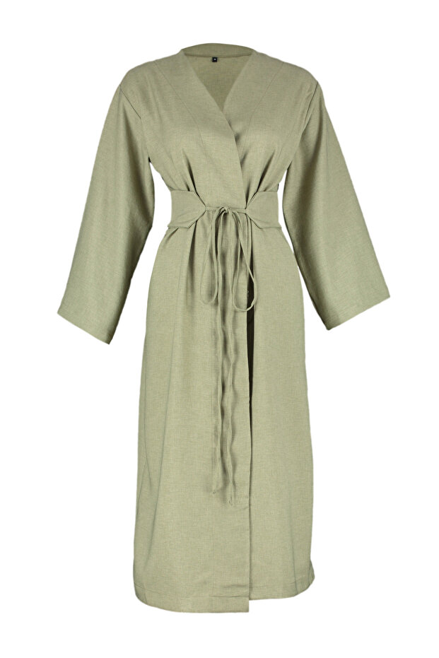 Haki Beli Bağlama Detaylı Keten Görünümlü Dokuma Kimono & Kaftan TCTSS24KK00001 - 12