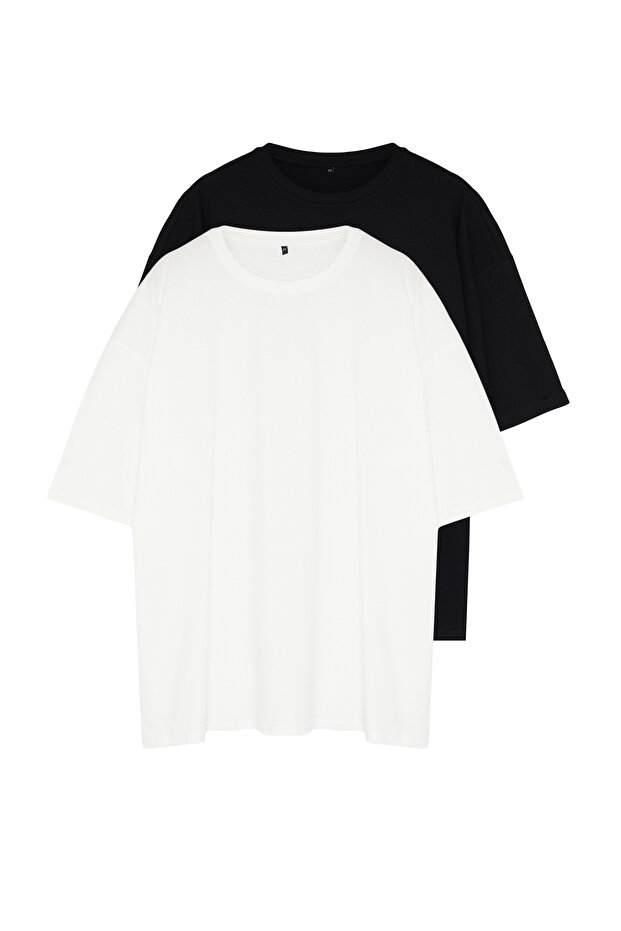 Büyük Beden Siyah-Ekru Oversize 2'li Paket %100 Pamuklu T-Shirt TMNSS24BF00042 - 6