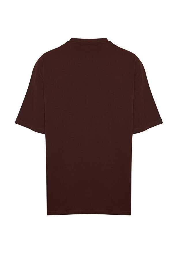 Oversize hnědé bavlněné tričko - Minimal TextT Print, TMNSS23TS00084 - 8