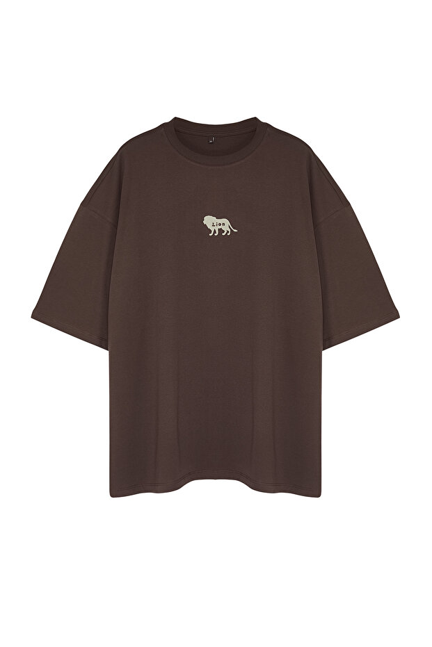 Büyük Beden Koyu Kahverengi Oversize Hayvan Baskı ve Nakışlı %100 Pamuklu T-Shirt TMNSS24BF00018 - 7
