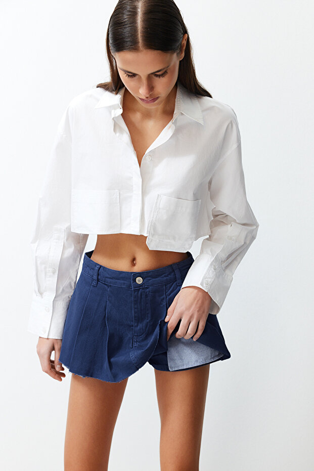 Lacivert Pileli Mini Denim Şort Etek TWOSS22SR00164 - 3