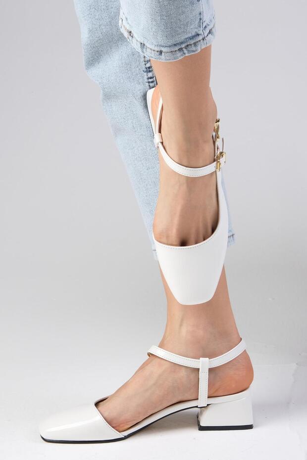 Thea White Color Patent Leather Open Back Side Buckle Blunt Toe Women's Short Heeled Shoes