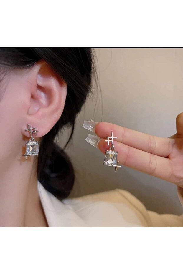 Zircon Stone Dangle Steel Earrings | Antiallergic Steel Earrings | Silver Color